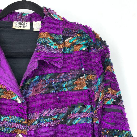 Chicos Design Shirt Jacket Womens Sz 2 US L Ruffle Purple Multicolor Silk Stripe - Picture 3 of 5